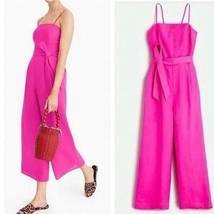 J. Crew Linen Jumpsuit Tie Waist Women’s Neon Hot Pink Wide Leg Cropped NWT0